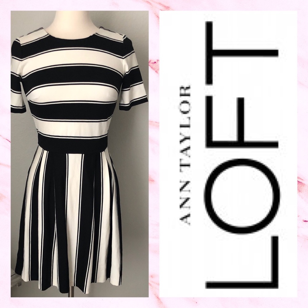 LOFT black/white stripe pleated dress